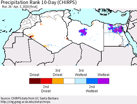 North Africa Precipitation Rank since 1981, 10-Day (CHIRPS) Thematic Map For 3/26/2020 - 4/5/2020
