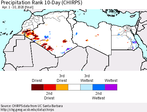 North Africa Precipitation Rank since 1981, 10-Day (CHIRPS) Thematic Map For 4/1/2020 - 4/10/2020