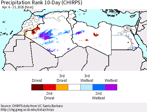 North Africa Precipitation Rank since 1981, 10-Day (CHIRPS) Thematic Map For 4/6/2020 - 4/15/2020