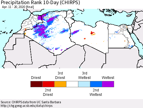 North Africa Precipitation Rank since 1981, 10-Day (CHIRPS) Thematic Map For 4/11/2020 - 4/20/2020
