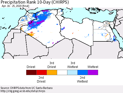North Africa Precipitation Rank since 1981, 10-Day (CHIRPS) Thematic Map For 4/16/2020 - 4/25/2020