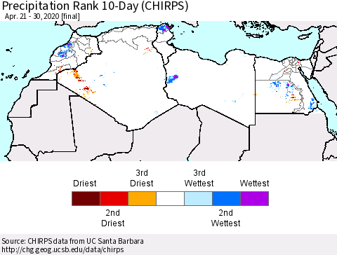 North Africa Precipitation Rank since 1981, 10-Day (CHIRPS) Thematic Map For 4/21/2020 - 4/30/2020