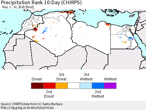 North Africa Precipitation Rank since 1981, 10-Day (CHIRPS) Thematic Map For 5/1/2020 - 5/10/2020