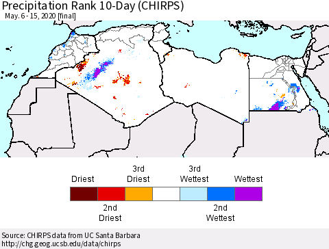 North Africa Precipitation Rank since 1981, 10-Day (CHIRPS) Thematic Map For 5/6/2020 - 5/15/2020