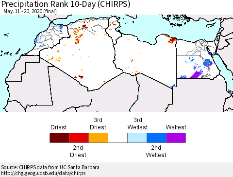 North Africa Precipitation Rank since 1981, 10-Day (CHIRPS) Thematic Map For 5/11/2020 - 5/20/2020