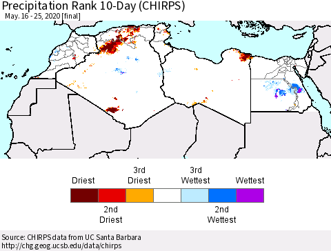 North Africa Precipitation Rank since 1981, 10-Day (CHIRPS) Thematic Map For 5/16/2020 - 5/25/2020