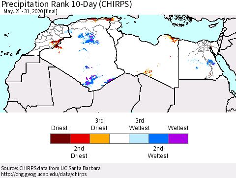 North Africa Precipitation Rank since 1981, 10-Day (CHIRPS) Thematic Map For 5/21/2020 - 5/31/2020