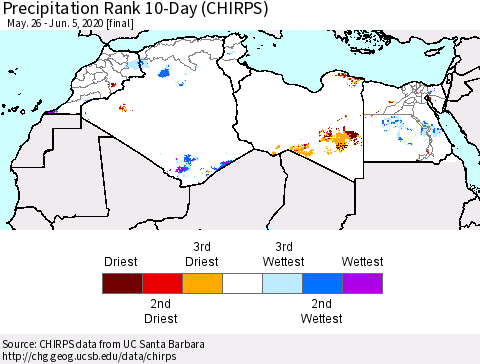 North Africa Precipitation Rank since 1981, 10-Day (CHIRPS) Thematic Map For 5/26/2020 - 6/5/2020