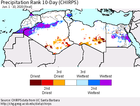 North Africa Precipitation Rank since 1981, 10-Day (CHIRPS) Thematic Map For 6/1/2020 - 6/10/2020