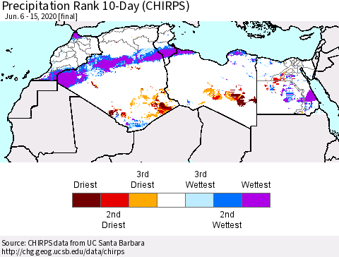 North Africa Precipitation Rank since 1981, 10-Day (CHIRPS) Thematic Map For 6/6/2020 - 6/15/2020