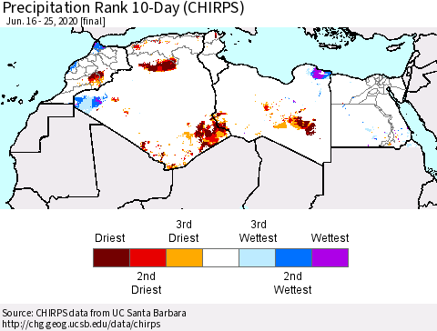 North Africa Precipitation Rank since 1981, 10-Day (CHIRPS) Thematic Map For 6/16/2020 - 6/25/2020