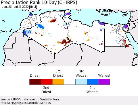 North Africa Precipitation Rank since 1981, 10-Day (CHIRPS) Thematic Map For 6/26/2020 - 7/5/2020