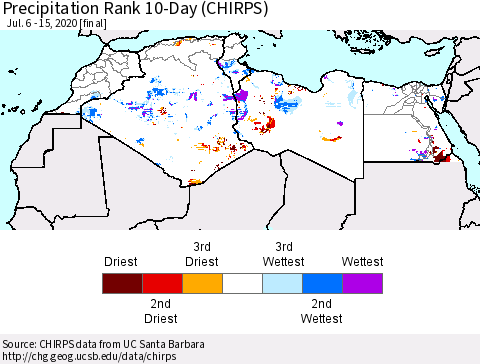 North Africa Precipitation Rank since 1981, 10-Day (CHIRPS) Thematic Map For 7/6/2020 - 7/15/2020