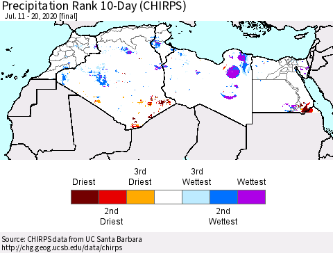 North Africa Precipitation Rank since 1981, 10-Day (CHIRPS) Thematic Map For 7/11/2020 - 7/20/2020