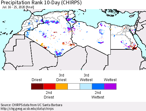 North Africa Precipitation Rank since 1981, 10-Day (CHIRPS) Thematic Map For 7/16/2020 - 7/25/2020