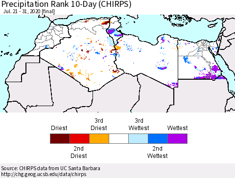 North Africa Precipitation Rank since 1981, 10-Day (CHIRPS) Thematic Map For 7/21/2020 - 7/31/2020