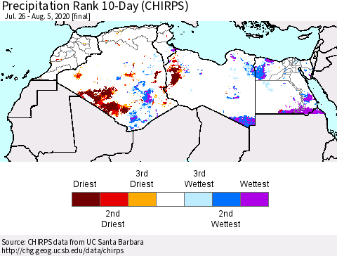 North Africa Precipitation Rank since 1981, 10-Day (CHIRPS) Thematic Map For 7/26/2020 - 8/5/2020