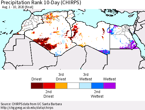 North Africa Precipitation Rank since 1981, 10-Day (CHIRPS) Thematic Map For 8/1/2020 - 8/10/2020