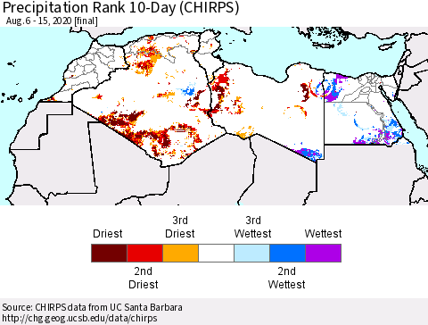 North Africa Precipitation Rank since 1981, 10-Day (CHIRPS) Thematic Map For 8/6/2020 - 8/15/2020