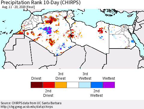 North Africa Precipitation Rank since 1981, 10-Day (CHIRPS) Thematic Map For 8/11/2020 - 8/20/2020