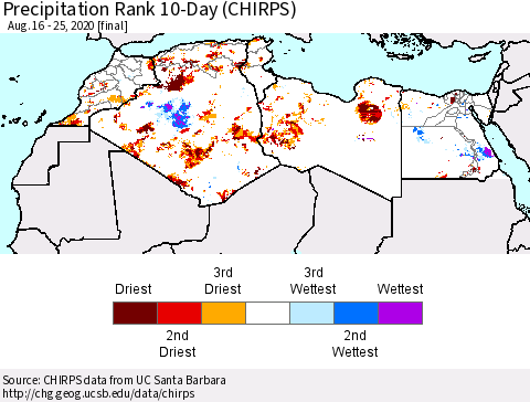 North Africa Precipitation Rank since 1981, 10-Day (CHIRPS) Thematic Map For 8/16/2020 - 8/25/2020