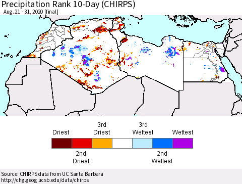 North Africa Precipitation Rank since 1981, 10-Day (CHIRPS) Thematic Map For 8/21/2020 - 8/31/2020