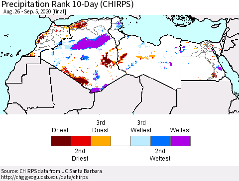 North Africa Precipitation Rank since 1981, 10-Day (CHIRPS) Thematic Map For 8/26/2020 - 9/5/2020