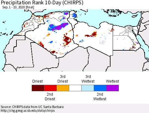 North Africa Precipitation Rank since 1981, 10-Day (CHIRPS) Thematic Map For 9/1/2020 - 9/10/2020