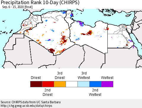 North Africa Precipitation Rank since 1981, 10-Day (CHIRPS) Thematic Map For 9/6/2020 - 9/15/2020