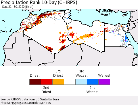 North Africa Precipitation Rank since 1981, 10-Day (CHIRPS) Thematic Map For 9/21/2020 - 9/30/2020