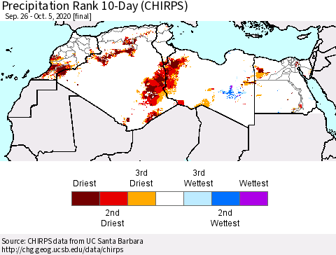 North Africa Precipitation Rank since 1981, 10-Day (CHIRPS) Thematic Map For 9/26/2020 - 10/5/2020