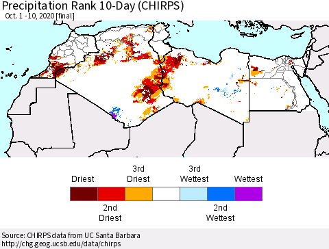 North Africa Precipitation Rank since 1981, 10-Day (CHIRPS) Thematic Map For 10/1/2020 - 10/10/2020