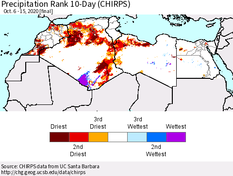 North Africa Precipitation Rank since 1981, 10-Day (CHIRPS) Thematic Map For 10/6/2020 - 10/15/2020