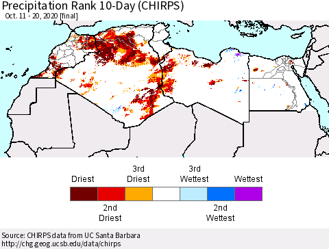 North Africa Precipitation Rank since 1981, 10-Day (CHIRPS) Thematic Map For 10/11/2020 - 10/20/2020