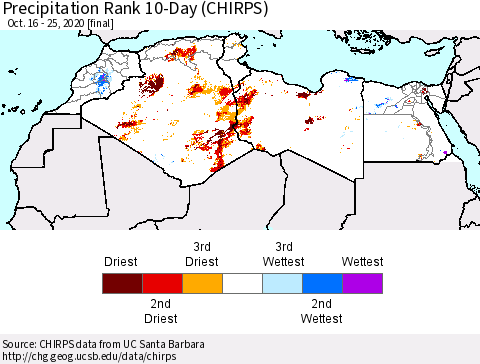 North Africa Precipitation Rank since 1981, 10-Day (CHIRPS) Thematic Map For 10/16/2020 - 10/25/2020