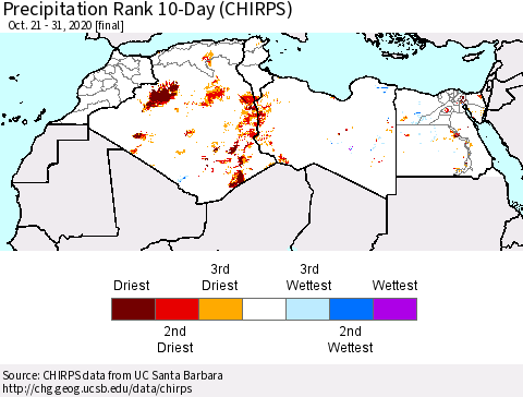 North Africa Precipitation Rank since 1981, 10-Day (CHIRPS) Thematic Map For 10/21/2020 - 10/31/2020