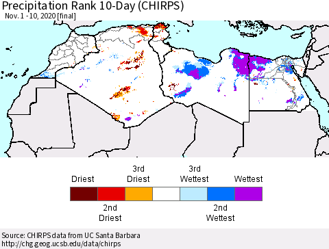 North Africa Precipitation Rank since 1981, 10-Day (CHIRPS) Thematic Map For 11/1/2020 - 11/10/2020