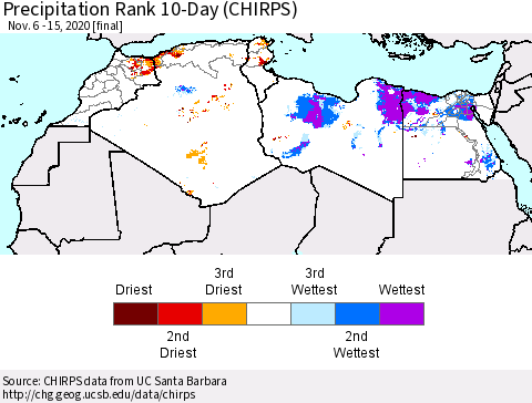 North Africa Precipitation Rank since 1981, 10-Day (CHIRPS) Thematic Map For 11/6/2020 - 11/15/2020