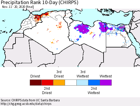 North Africa Precipitation Rank since 1981, 10-Day (CHIRPS) Thematic Map For 11/11/2020 - 11/20/2020