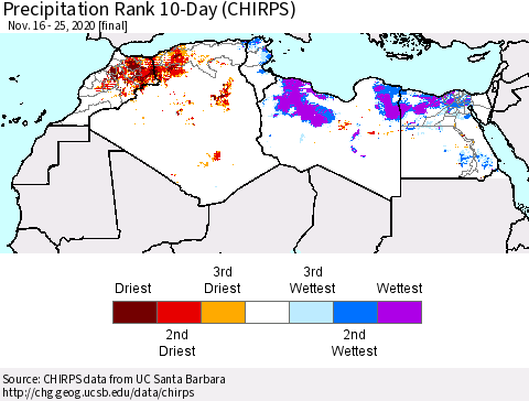 North Africa Precipitation Rank since 1981, 10-Day (CHIRPS) Thematic Map For 11/16/2020 - 11/25/2020