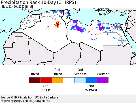 North Africa Precipitation Rank since 1981, 10-Day (CHIRPS) Thematic Map For 11/21/2020 - 11/30/2020