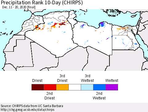 North Africa Precipitation Rank since 1981, 10-Day (CHIRPS) Thematic Map For 12/11/2020 - 12/20/2020