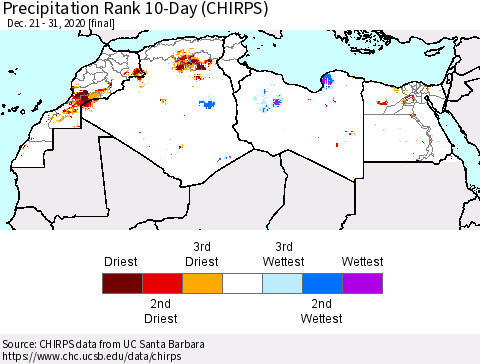 North Africa Precipitation Rank since 1981, 10-Day (CHIRPS) Thematic Map For 12/21/2020 - 12/31/2020