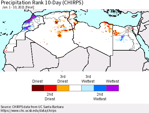 North Africa Precipitation Rank since 1981, 10-Day (CHIRPS) Thematic Map For 1/1/2021 - 1/10/2021