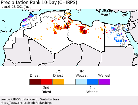 North Africa Precipitation Rank since 1981, 10-Day (CHIRPS) Thematic Map For 1/6/2021 - 1/15/2021
