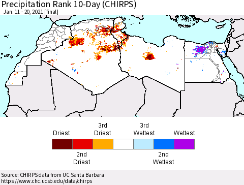 North Africa Precipitation Rank since 1981, 10-Day (CHIRPS) Thematic Map For 1/11/2021 - 1/20/2021