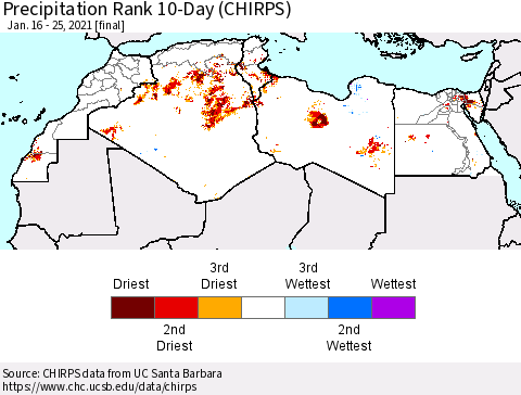 North Africa Precipitation Rank since 1981, 10-Day (CHIRPS) Thematic Map For 1/16/2021 - 1/25/2021