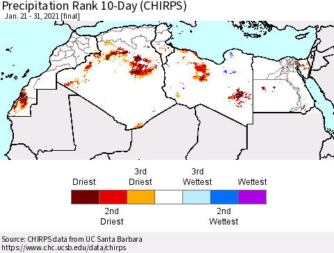 North Africa Precipitation Rank since 1981, 10-Day (CHIRPS) Thematic Map For 1/21/2021 - 1/31/2021