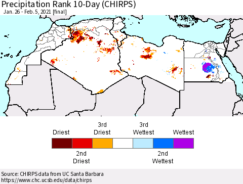 North Africa Precipitation Rank since 1981, 10-Day (CHIRPS) Thematic Map For 1/26/2021 - 2/5/2021