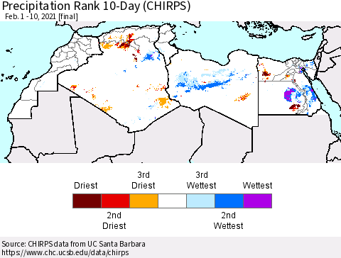 North Africa Precipitation Rank since 1981, 10-Day (CHIRPS) Thematic Map For 2/1/2021 - 2/10/2021